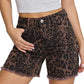 Leopard Print Raw Hem Stretch Denim Casual Summer Jorts