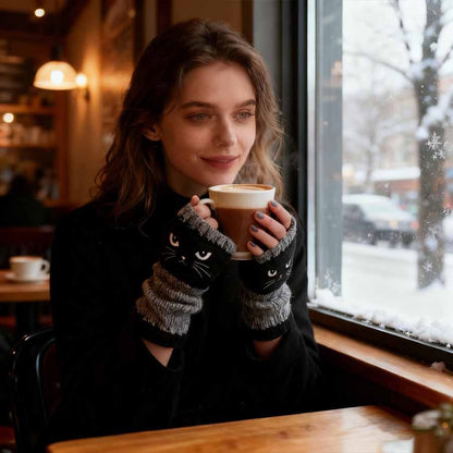 🔥Winter Hot Sale 49% off😻Cat Knitted Embroidery Fingerless Gloves - Cosy, Stylish, Casual Winter Wear