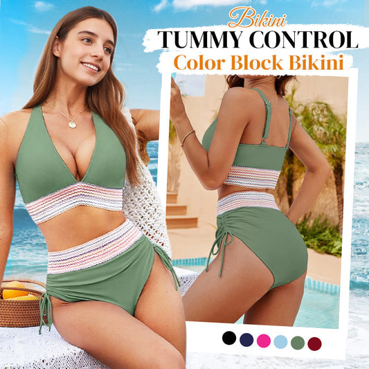 🔥Last Day Sales - Just ￡12.99😍👙High Waisted Tummy Control Color Block Bikini Sets