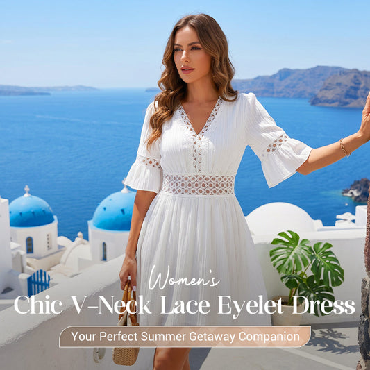 👗LAST DAY SALE 60% OFF⚡50K+ SOLD💕🪞Chic V-Neck Dress with Lace Cutout Details✨Soft Hollow Lace Splicing Midi Dress For Date Wedding Guest Party💐