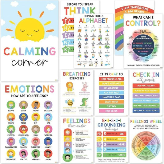 😍Hot Sale 50% OFF🔥🔥12 Calming Corner Classroom Posters - Feelings Wheel Chart & Emotions Poster For Kids