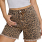 Leopard Print Raw Hem Stretch Denim Casual Summer Jorts