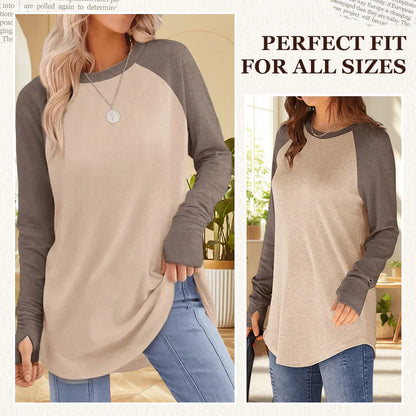 🤩Hot Sale-50% Off🌼Women's Tunic Tops to Wear with Leggings Long Sleeve Thumb Hole Shirts Crew Neck Curved Hem