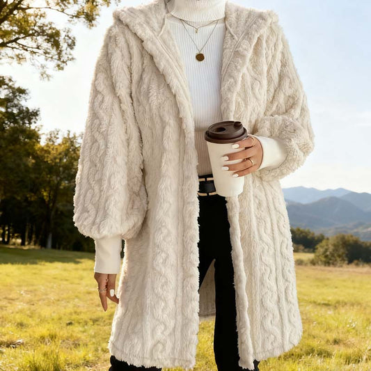 Women's Plush Soft Midi-Length Jacket with Pockets