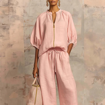 👚40% OFF! 👖 Women's Solid Color 2-Piece Tracksuit – Puff Sleeve, Wide Leg, Zipper Detail ✨