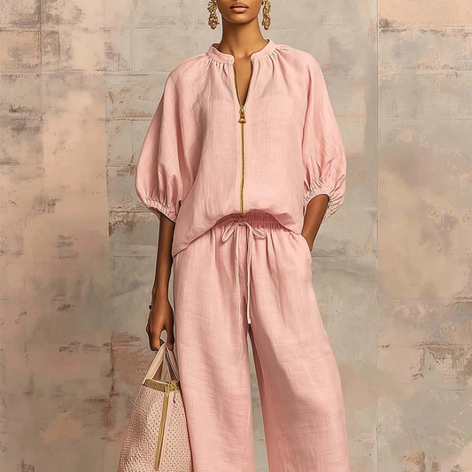 👚40% OFF! 👖 Women's Solid Color 2-Piece Tracksuit – Puff Sleeve, Wide Leg, Zipper Detail ✨