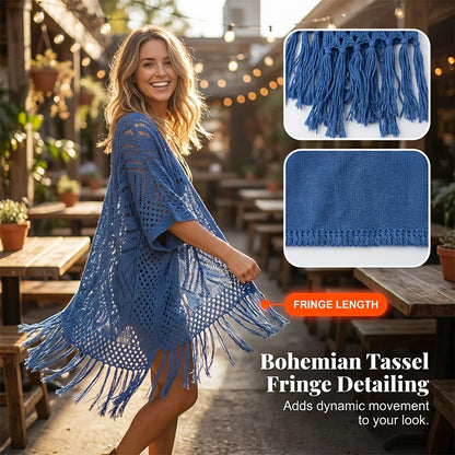 🔥Limited Time sales - Just ￡15.58!!!😍Women’s Oversized Knit Cardigan – Lightweight Crochet Tassel Kimono for Spring & Summer 🌸