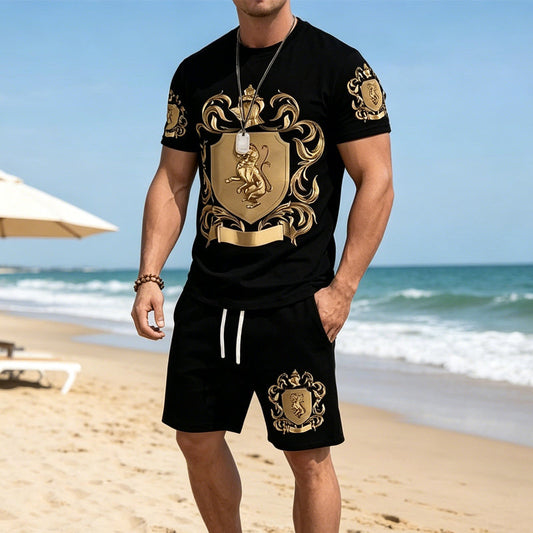 Men's Gold Crest Print T-Shirt & Shorts Set