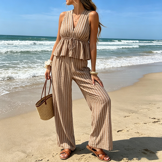 🔥New Hot Sales - 49% OFF✨ Women’s Elegant Stripe 2-Piece Outfit – Flattering V-Neck Top & Relaxed Wide-Leg Trousers 🌸