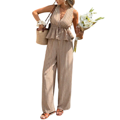 🔥New Hot Sales - 49% OFF✨ Women’s Elegant Stripe 2-Piece Outfit – Flattering V-Neck Top & Relaxed Wide-Leg Trousers 🌸