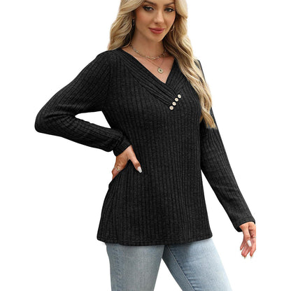 ⏰Last Day Sale 55% Off💃Women's Ribbed Knit V-Neck Top with Decorative Buttons
