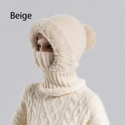 🎉This Week's Special Sales - ￡12.99✨Women 3-in-1 Knitted Balaclava Hat, Fleece Lined Warm Hood Beanie with Scarf & Face Mask, Pom Pom Winter Hat for Outdoor Skiing🧣