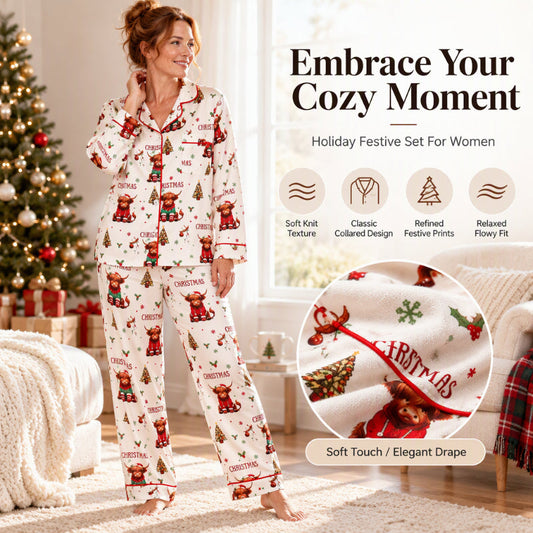 ⏳ This Week's Hot Sales - Just ￡14.99🎁 Women’s Christmas Long Sleeve Notched Collar Pajama Set – Cozy & Festive Sleepwear ✨